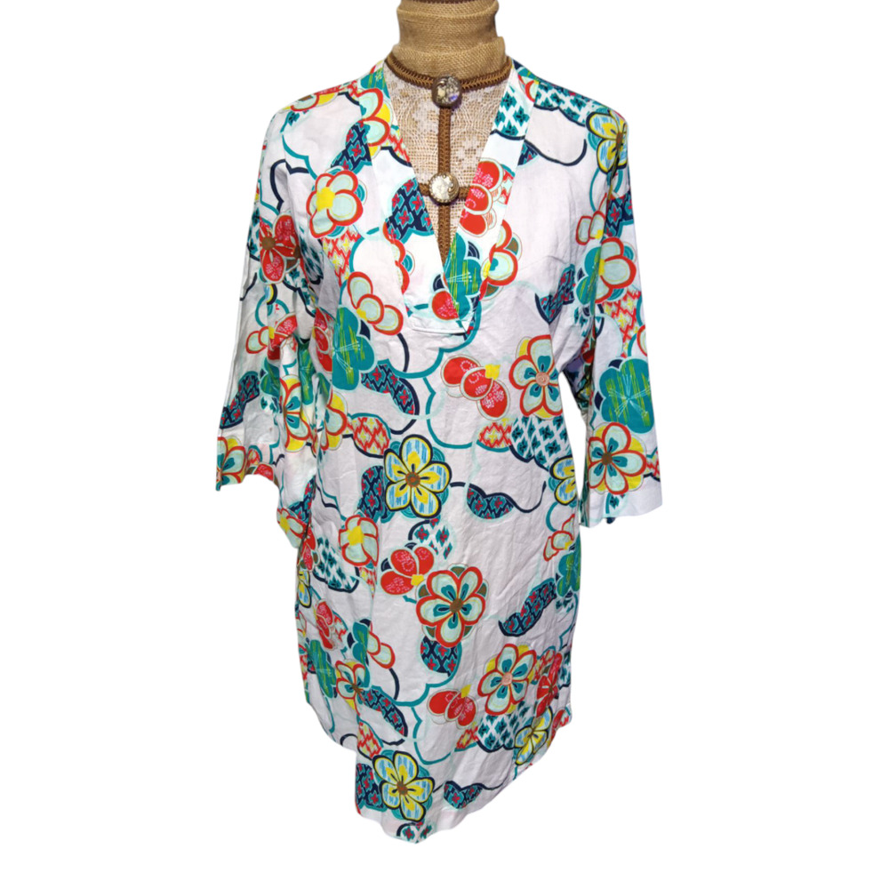 Natori bright floral lightweight cotton Tunic Mini Dress‎ L